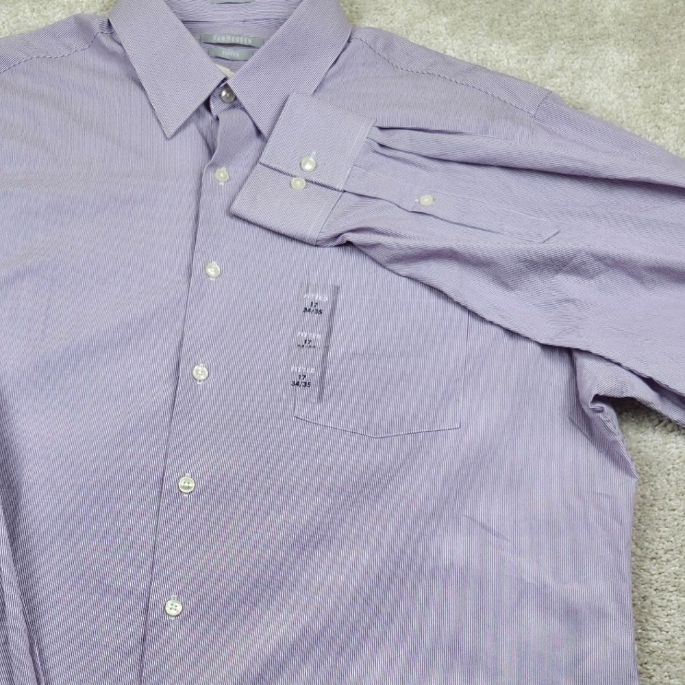 Van Heusen Mens Dress Shirt Purple Micro Striped Fitted Wrinkle Free 17 34/35